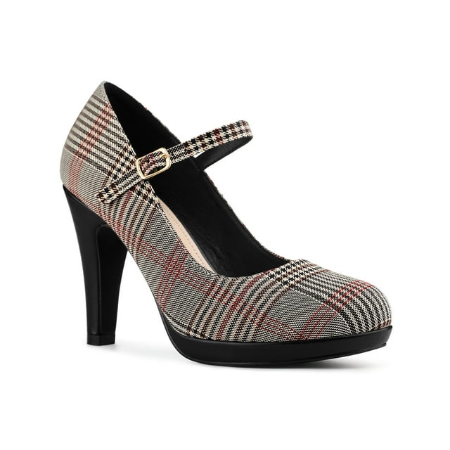 BLISSFUL STEP Escarpin pour Femme à Plateforme à Talons Aiguilles à Carreaux Escarpins Brun 7