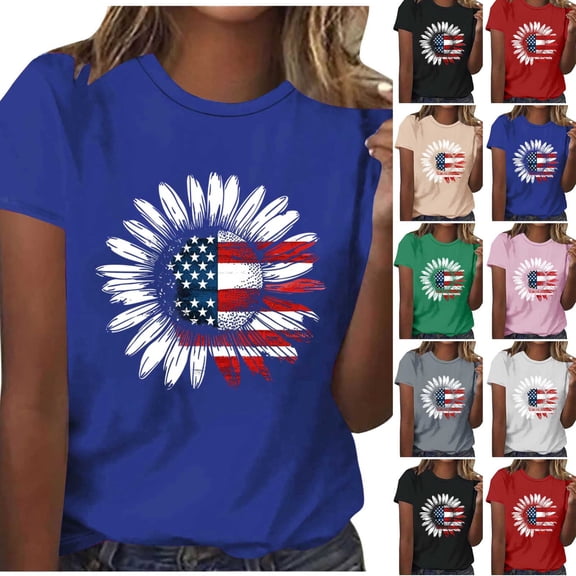 Feancey Patriotic Tops for Women Short Sleeve Sunflower American Flag Printed T-Shirts 4th of July Casual Summer Tees Novelty Memorial Day Shirt Gray XXL