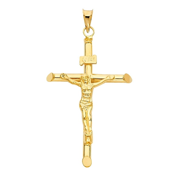 Wellingsale 14K Yellow Gold Polished Religious Catholic Crucifix Pendant