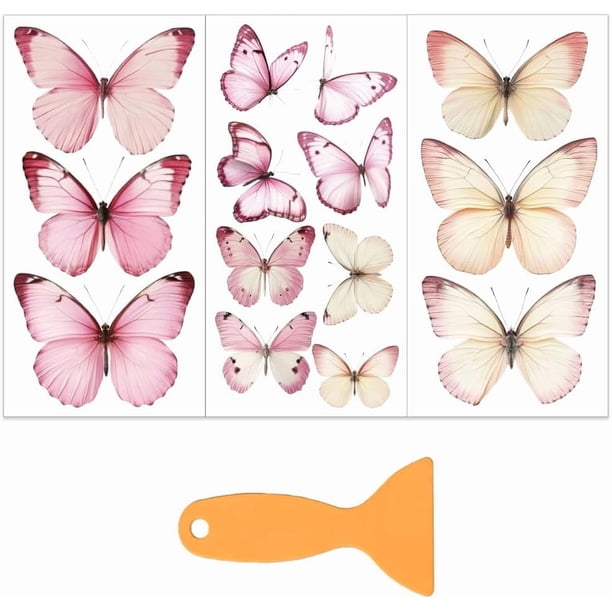 Juego de 3 pegatinas de mariposas rosas para muebles y manualidades, de 15 x 30 cm, con temática de animales.