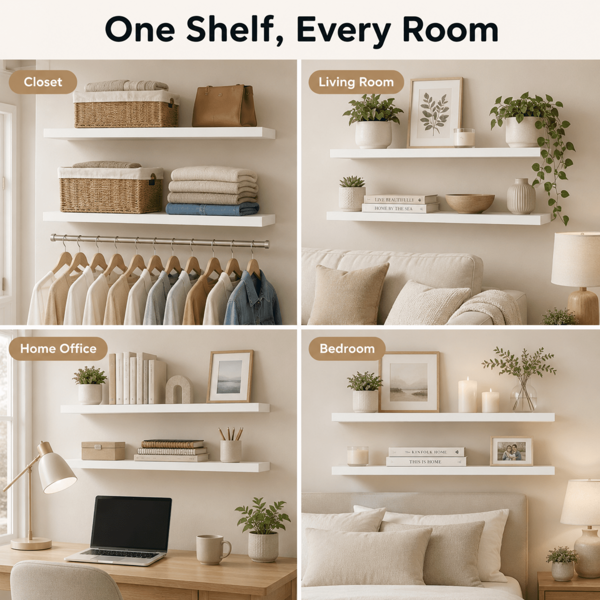 MEHOOM 36" Rustic Solid Wood Floating Shelves for Wall Set of 2, White Book Shelves,Wall Shelves for Bathroom,Bedroom,Living Room,Kitchen,Study Room, Kids Room, Farmhouse Decor