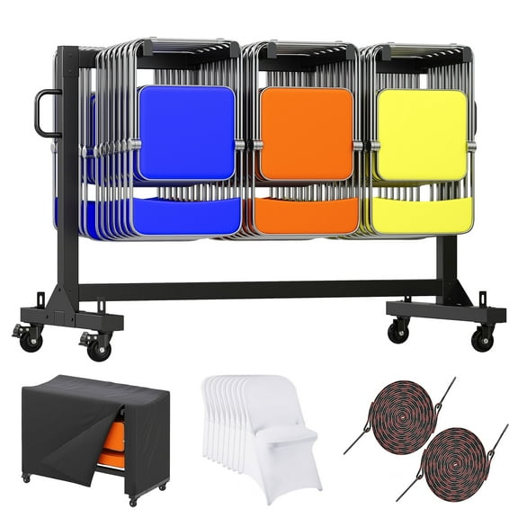 Jocisland Folding Chair Rack, Holds 12 Tables or 42 Chairs with 30 PCS Chair Covers, 550 lbs Capacity, Heavy-Duty Cart with Wheels, Elastic Cords, Cover, Glossy Black