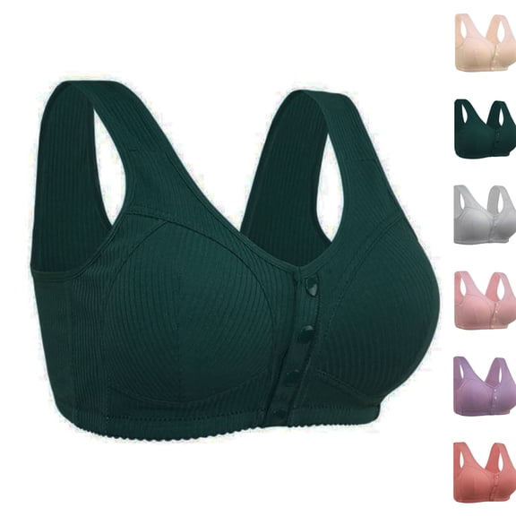 Front Closure Wireless Bra for Women Ribbed Texture Wide Vest Straps V Neck No Underwire Elderly Comfort Sleep Brassiere Dark Green 38