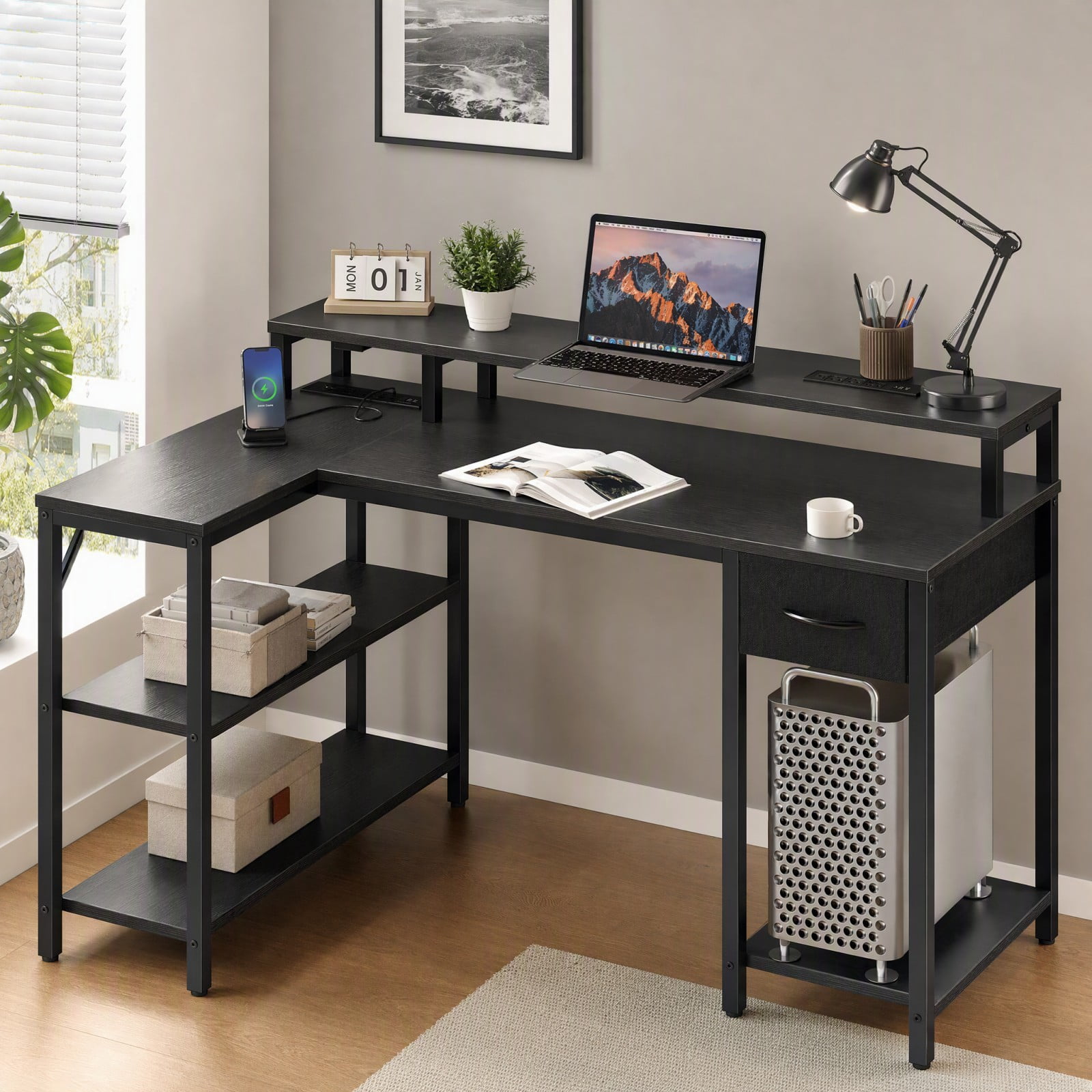 Telyra 53 Inch Gaming Table with USB Charging Port and Led Light, Reversible L-Shaped Table with Power Socket and Monitor Stand