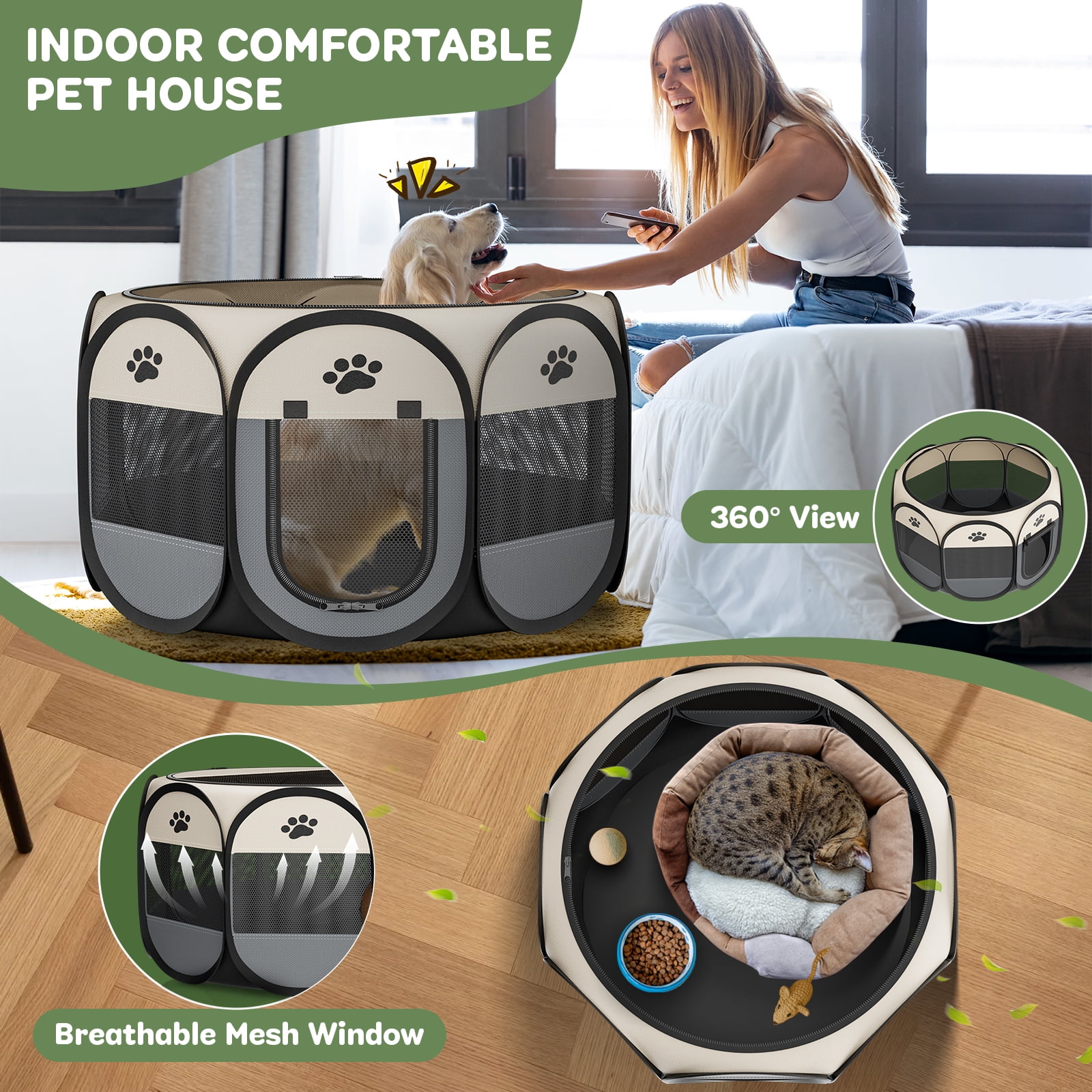 LAKWAR Pet Playpen for Indoor Cats Enclosed, Portable Foldable Dog Playpen Outdoor Tent Crate Cage with Zipper Top Cover Door for Kitten Puppy Outside Rv Car Camper-S