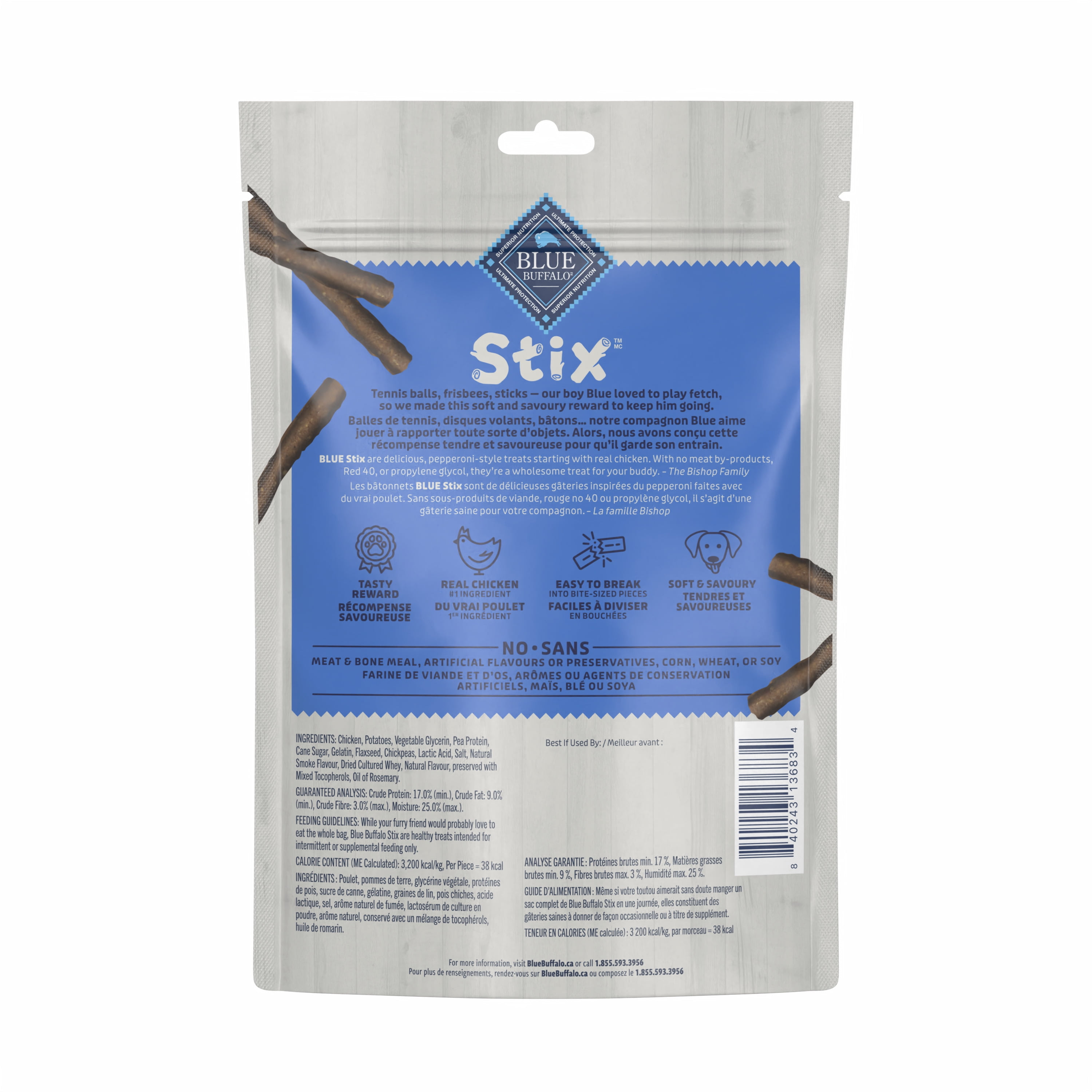 Blue Buffalo Stix Gâteries naturelles et moelleuses pour chiens, Recette au poulet, sac de 170 g (6 oz) 170g