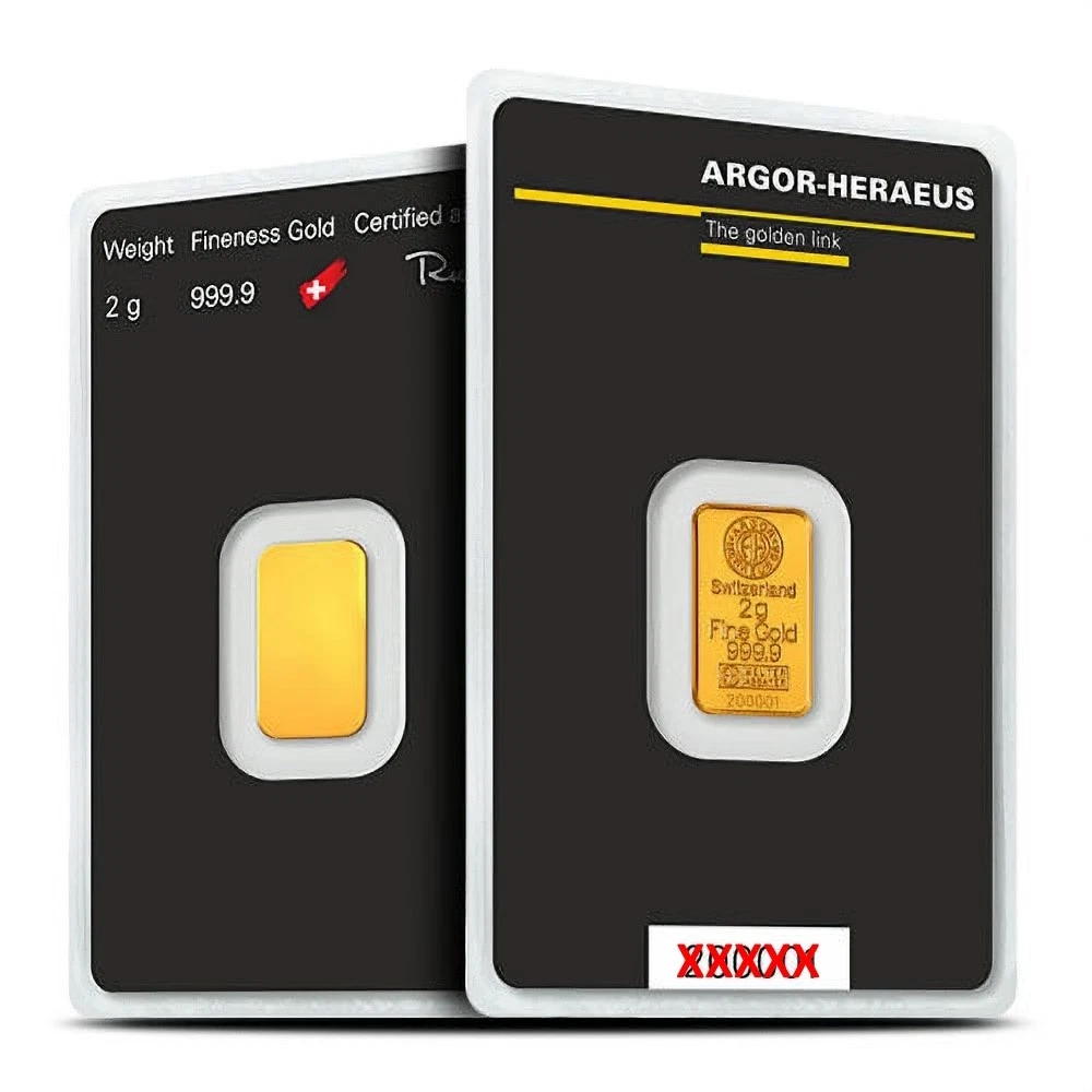 2 gram Gold Argor Heraeus Bar 2 g .9999 Fine Gold - In Assay