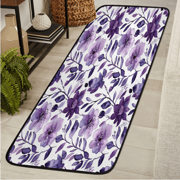 CURLYOOT Flower Runner Rug 2'x6' Washable Kitchen Runner Rug Indoor Non Slip Laundry Rugs Purple Floral Floor Carpet for Hallway Kitchen Entryway Bedroom Living Room