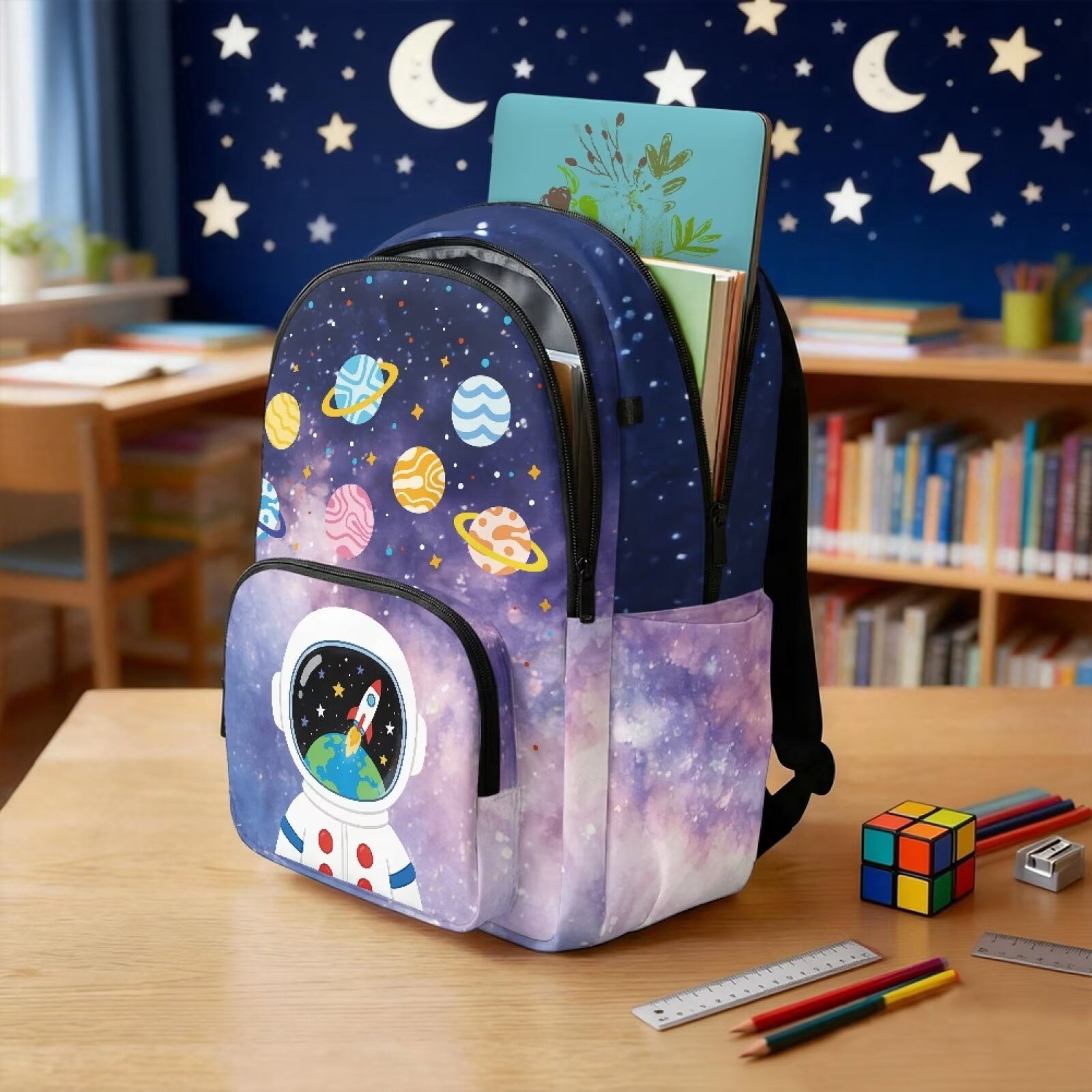 Xixirimido Astronaut Planets Galaxy Space Print 17" Multi Pockets Kids Backpack for Boys Lightweight School Bag Girls Large Bookbag for Elementary Middle High School Students