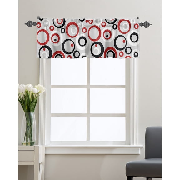 Kitchen Cafe Valance Curtain for Small Windows,Red Black White Round Circle Rod Pocket Short Valances Modern Geometric Art on Grey Window Treatment Panel for Living Room/Bedroom/Bathroom,54x18in
