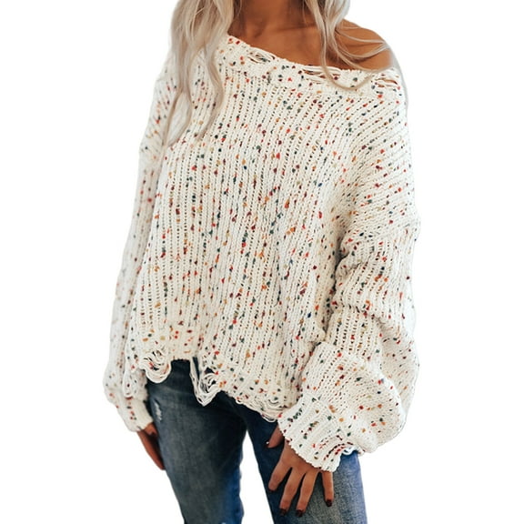 Women's White Colorful Confetti Distressed Knit Sweater