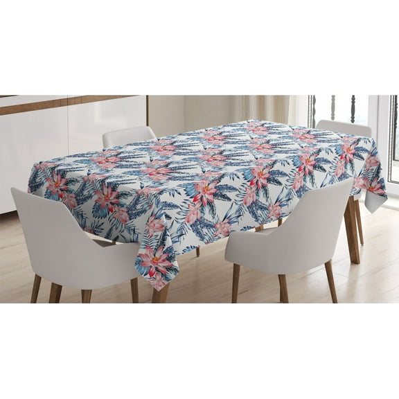 Tropical Tablecloth, Leaves of Banana Palm and Lilies Hawaii Brazil Botanical Watercolor Art, Rectangle Satin Table Cover for Dining Room and Kitchen, 60" X 90", Coral Orange and Blue, by Ambesonne