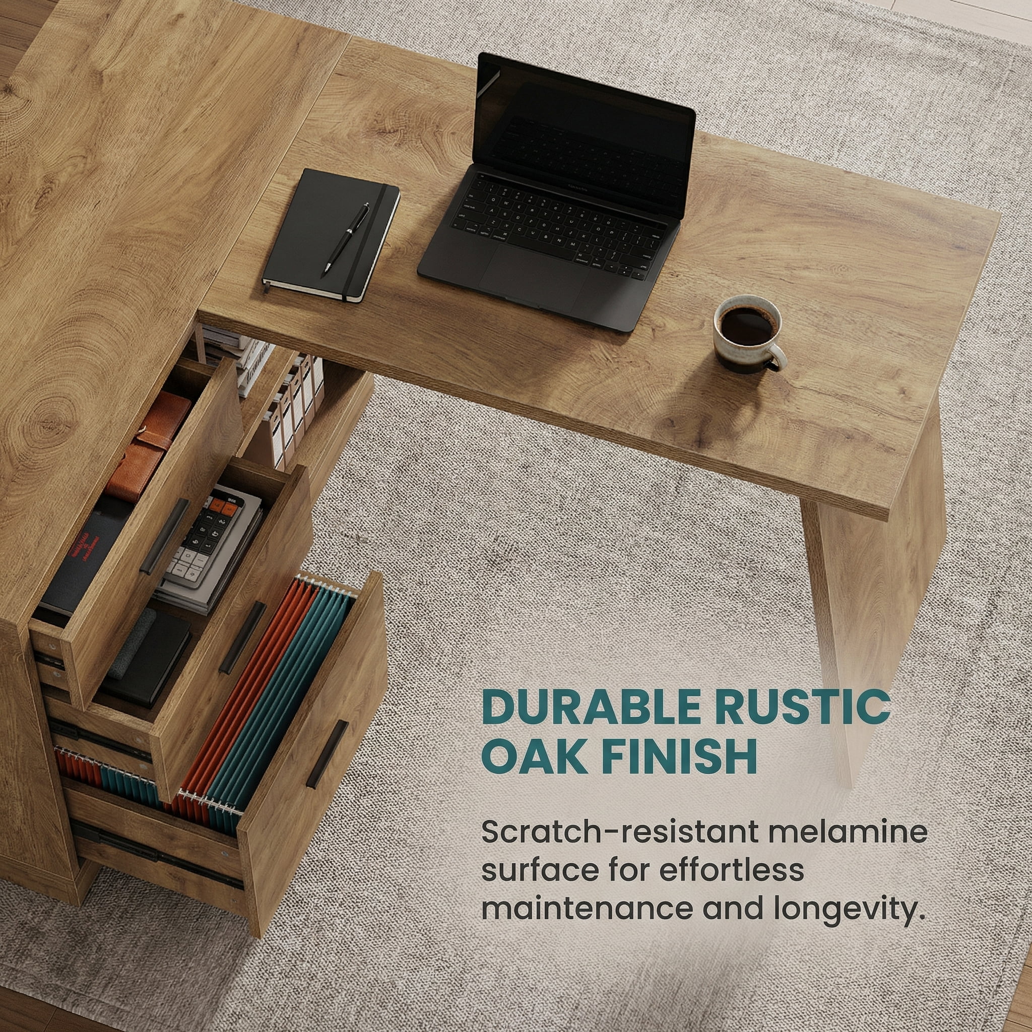 Fnova 55" L Shaped Executive Desk with Drawers, Corner Computer Desk with File Cabinet, Farmhouse Wood Office Desk for Work Writing, Gaming, Brown