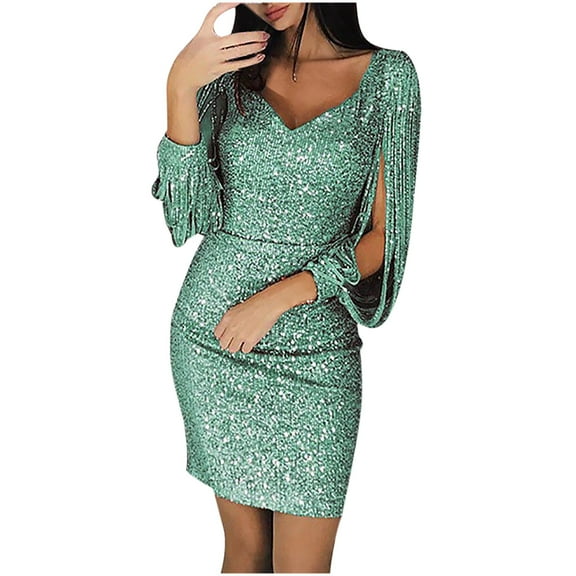 Honeeladyy Evening Dresses for Women V-neck Cutout Long Sleeve Sequin Slim Stretch Knee Length Dress
