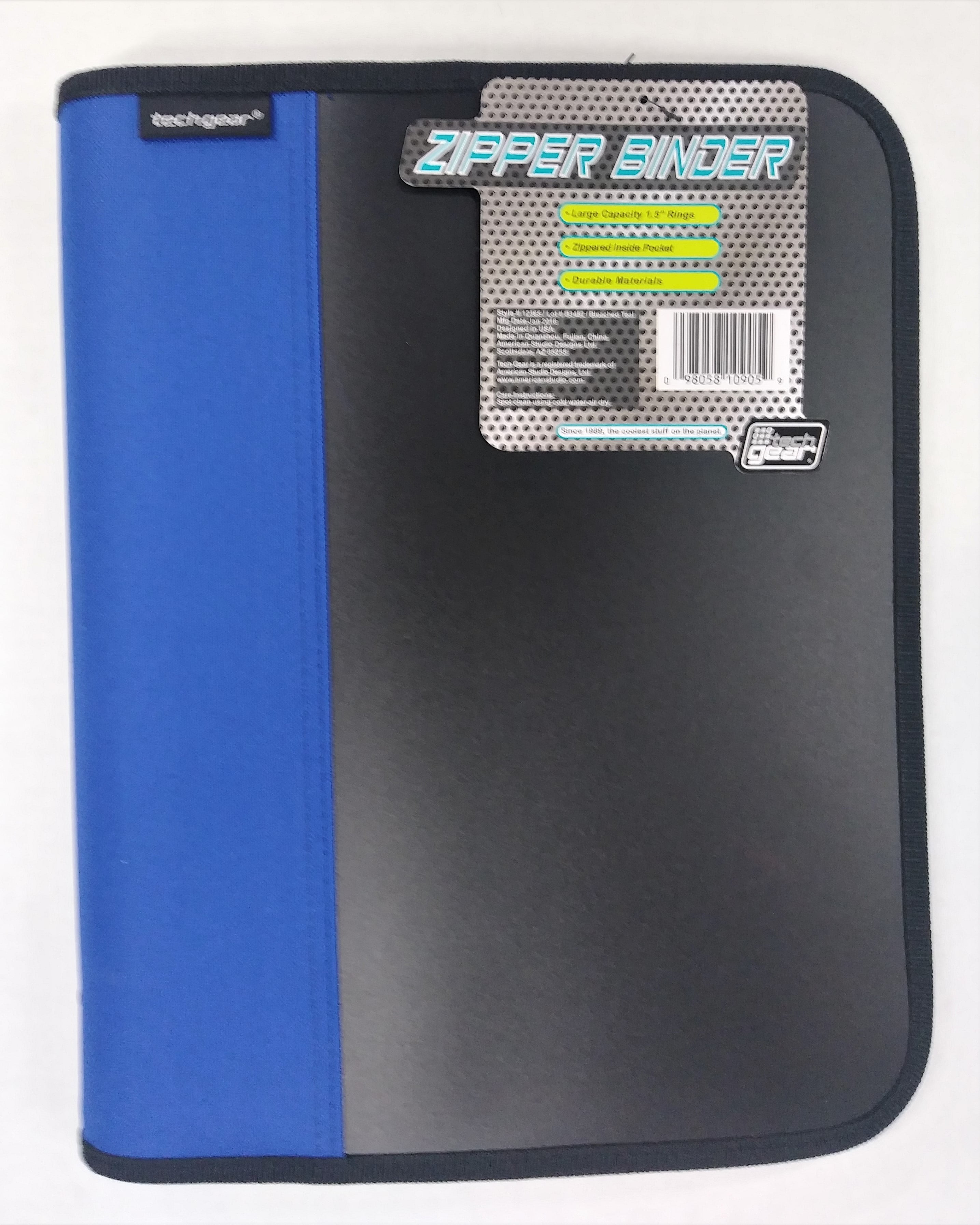 New Tech Gear Zipper Binder, 1.5' Capacity, Polyester Zippered Inside Pocket, Black and Blue