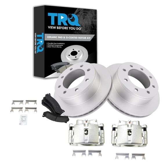 TRQ Rear Brake Pad & Rotor Kit Brake Caliper Brake Pads Brake Rotor Ceramic Vented Premium G-Coated Fits Select 2002-2006 Chevrolet Avalanche 2500 2001-2013 Suburban 2500 GMC Yukon XL 2500