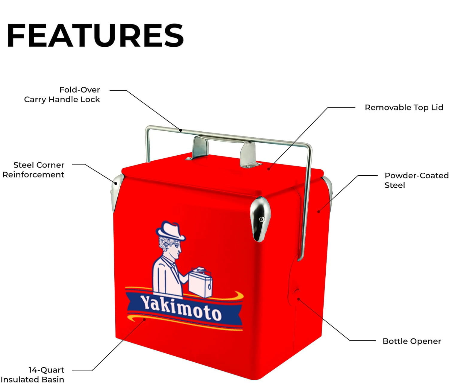 Yakimoto 14-Quart Retro Metal Ice Chest Cooler with built-in Bottle Opener and 72-Hour Ice Retention for camping and travel