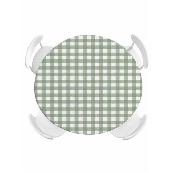 Round Tablecloth Rustic Checkered Plaid Elastic Edge Fitted Sage Green Plastic Table Cover,Waterproof Oil Proof for Dinner,Outdoor, Picnic, 36" - 44"  DIA Tables