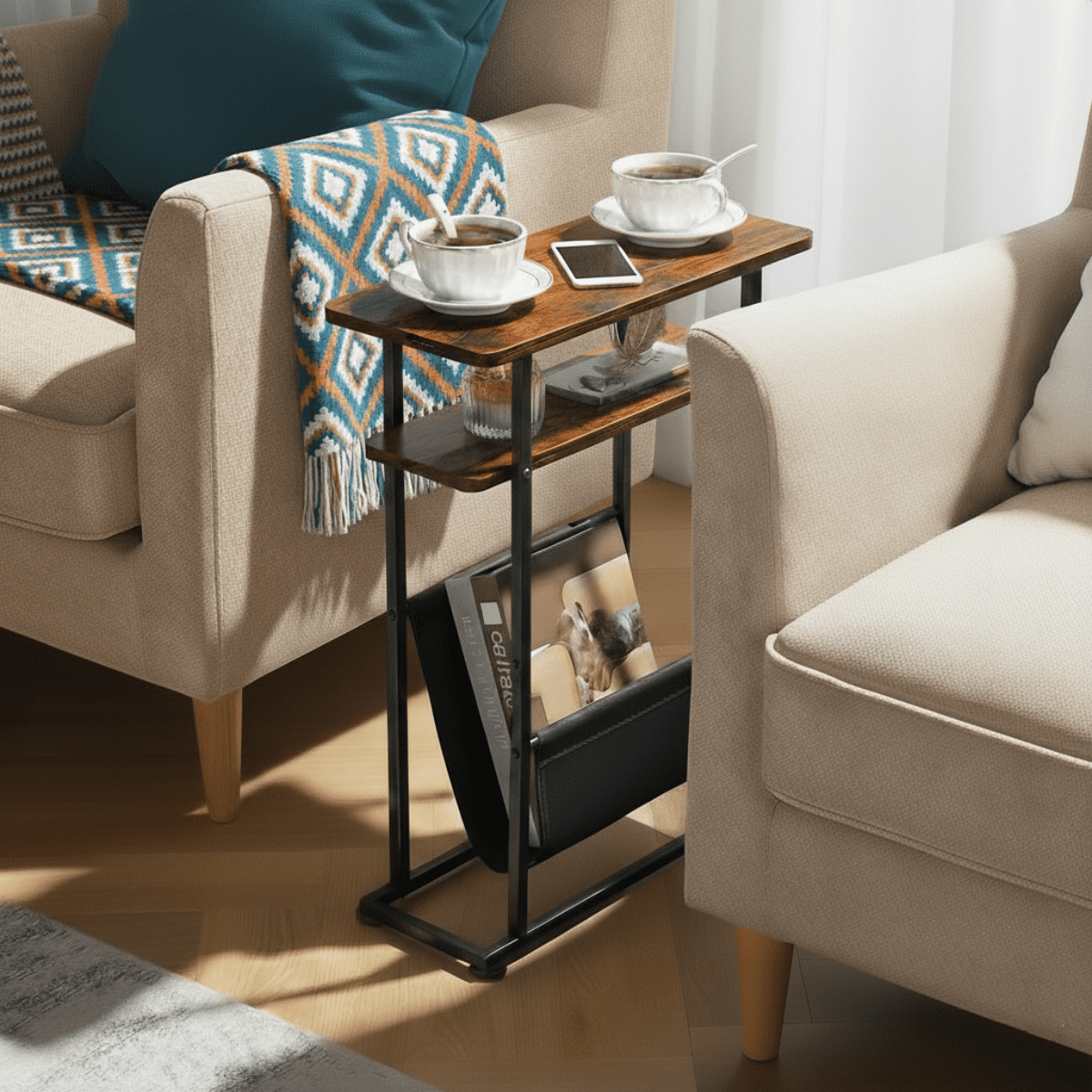 Narrow Small Side Table for Small Spaces - Slim End Table with Magazine Rack - 2 in 1 Narrow End Table Living Room - Skinny Bedside Table Nightstand Bedroom Thin Side Table, Rustic Brown