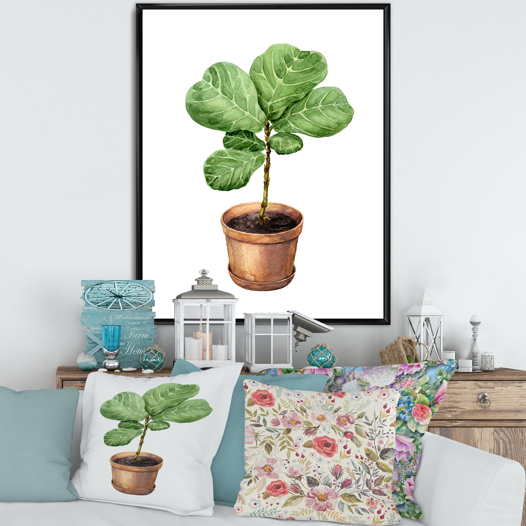 Designart 'Ficus Lyre Plant In Clay Flowerpot' Traditional Framed Canvas Wall Art Print
