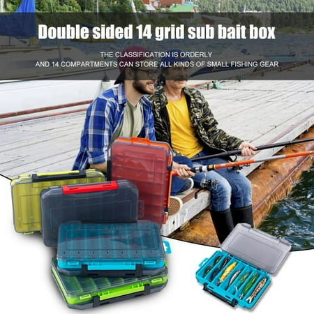 Cheers.US Double Sided Fishing Tackle Box Visible Hard Plastic Clear Fishing Lure Bait Storage Case Container ABS Multifunctional Portable 14 Grids for Angling