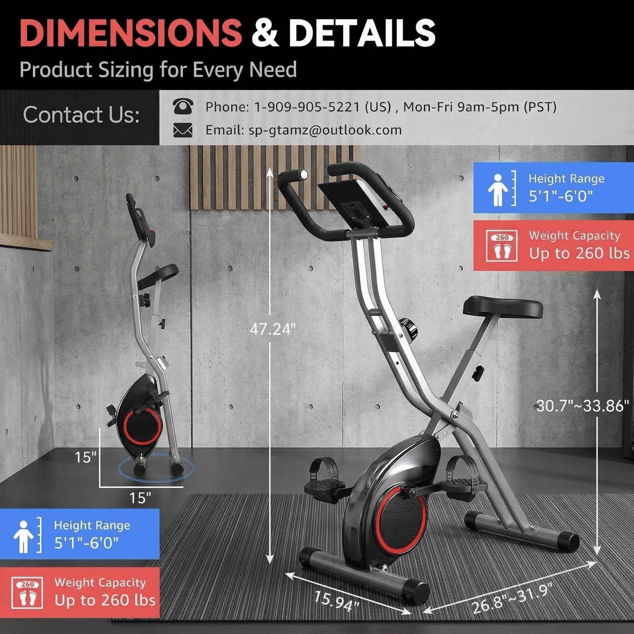 USLIM Foldable Exercise Bike for Small Apartments, Stationary Bikes for Home Workout with 16-Level Magnetic Resistance, LCD Monitor, 260 lb Capacity