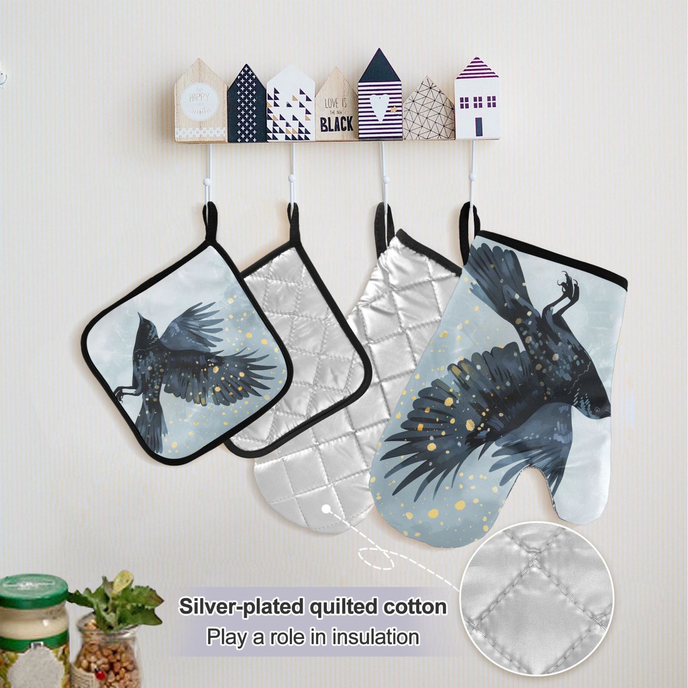 Cool Crow Flying 5 Pcs Kitchen Set Heat Resistant Oven Mitts and Non-Slip Pot Holders with Adjustable Cooking Apron