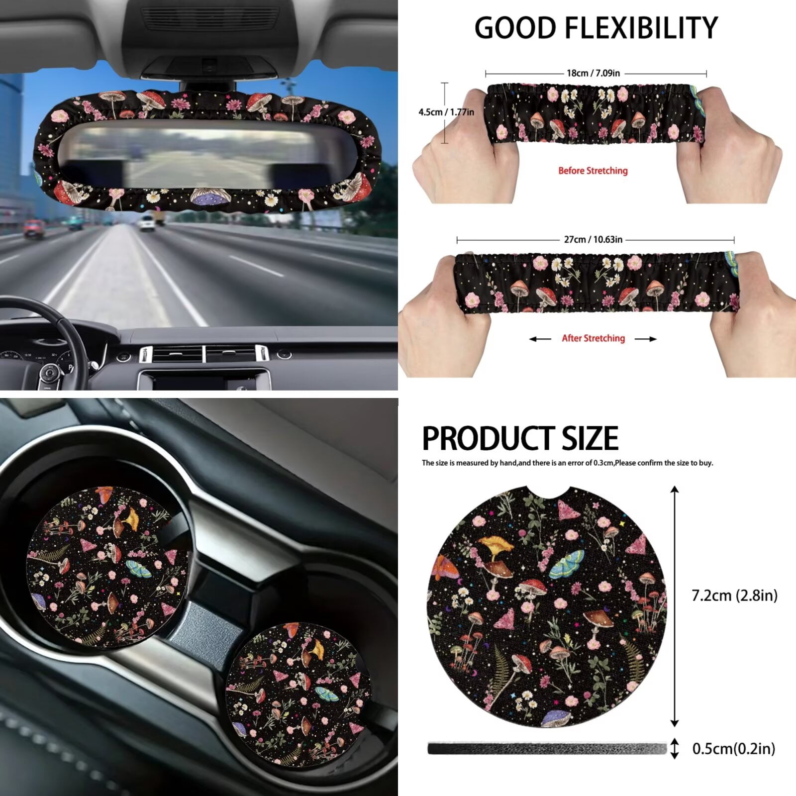 Garronmavis Aesthetic Mushroom 16 Pcs Car Accessories Set Car Seats Belts Shoulder Pad Covers Keychain Gear Shifting Knob Cover Cup Mats Front Window Sunshade Rearview Mirror Cover
