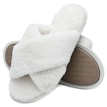 

LORDFON Open Toe Cross Band Womens House Slippers Fluffy Indoor Slip On Slippers