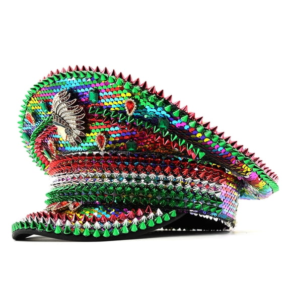 JZROCKER Bride Hat Shimmering Rhinestones Captain Hat Sequins for Mardi Gras Music Festivals Crystal Caps