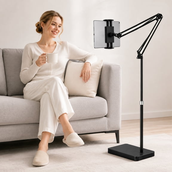 TIKBBRMG Tablet Floor Stand Holder with Double Weight Base, Overhead Bed Phone Stand Height Adjustable/ Arm Stretchable Tablet Holder, Compatible with iPhone iPad Pro Air Mini, Samsung Tab, Kindle, E