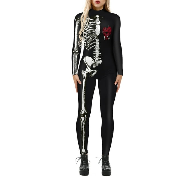TheFound Justaucorps Squelette Halloween pour Femmes Manches Longues Col Roulé