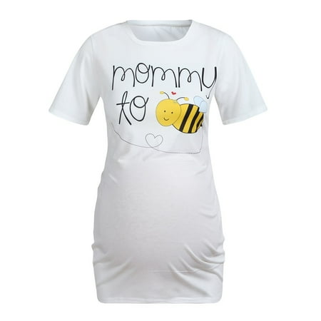 

Maternity Summer Short Sleeved T-shirt Cute Cartoon Bee Letter Print Solid Round Neck T-shirt Casual Loose Pregnant Women s Nursing Top