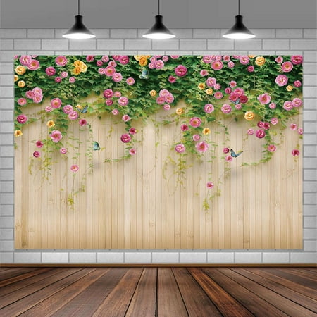 Image of Floral Party Backdrop 7X5Ft Rosemary Flower With Butterfly Rustic Wooden Photography Background Garden Party Event Decoration