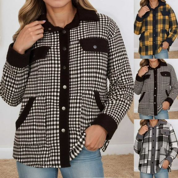 Letdown Women's Mid-Length Buffalo Plaid Shacket Jacket Long Sleeve Button Down Shirt Coat Tops with Pockets Fall Winter Fashion Shacket Coats (Black,L)