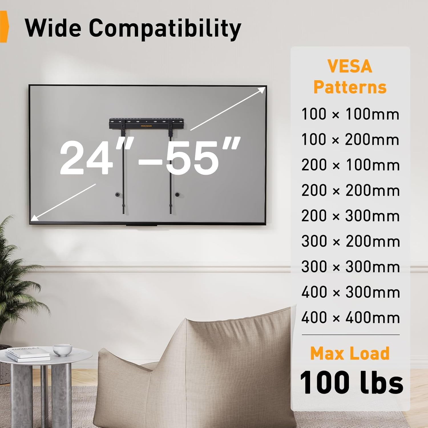 Studless TV Wall Mount for Most 24-55 Inch TVs up to 100 lbs, No Stud TV Mount, Drywall TV Bracket with Max VESA 400x400mm, No Drill, Easy Install, Low Profile, PGMT7