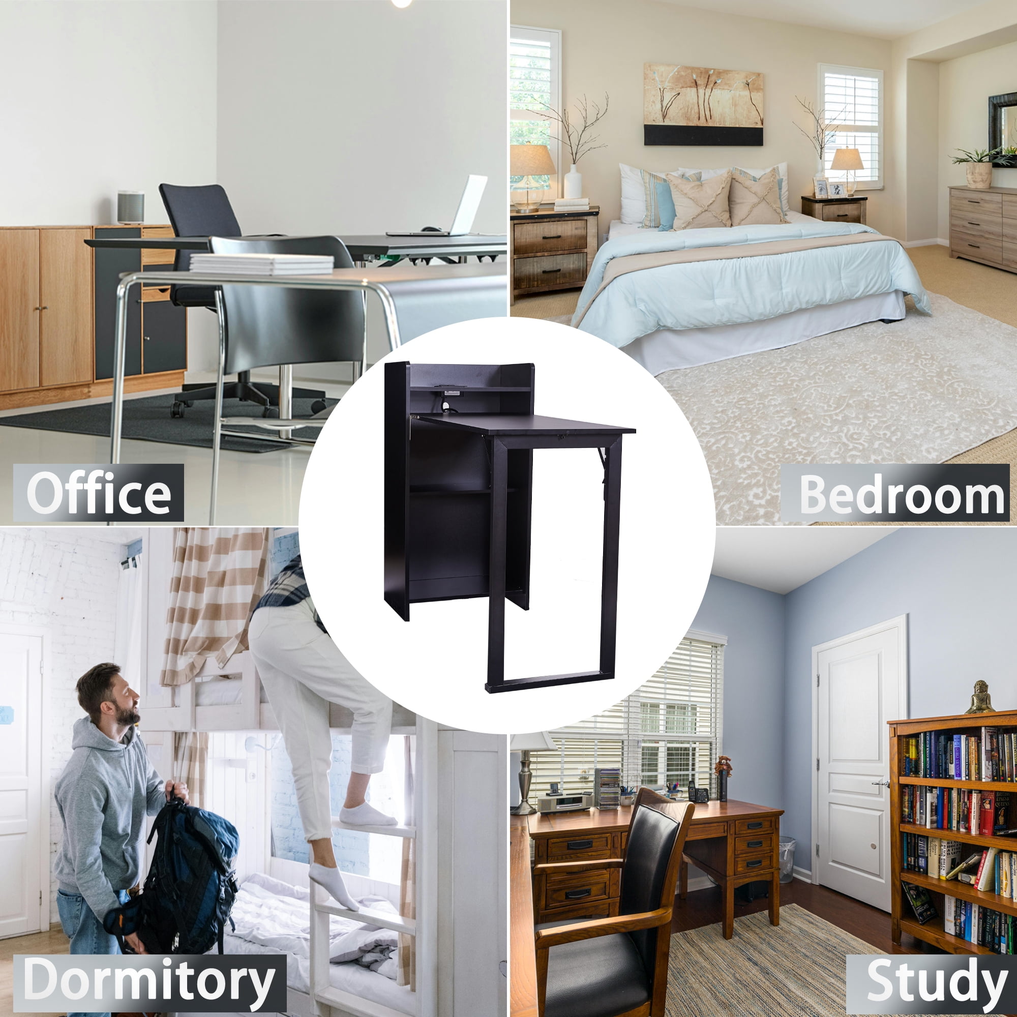 Haooyeah 37" Foldable Storage Desk with Charging Station, Space-Saving Desk with Raised Surface, Multi-functional Desk for Home Office, Bedroom, and Small Spaces