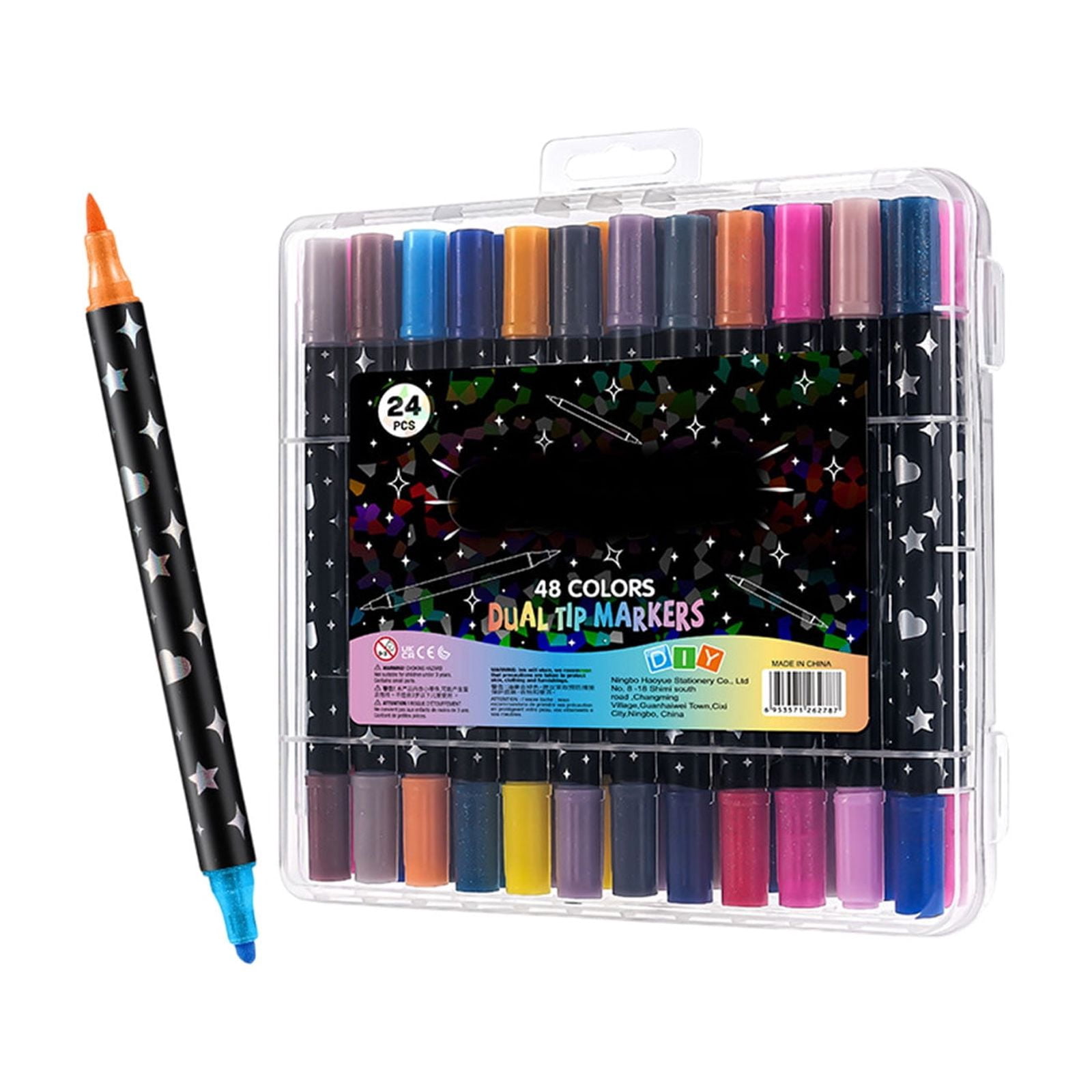 Tarmeek Dual-Tip Glitter Markers Marker Pens 24-Pack 48 Colors, Highlighters Pearlescent Metallic Pens, Fluorescent Pens for Journaling Drawing Card Making, Art Supplies for Office Notes Drawing
