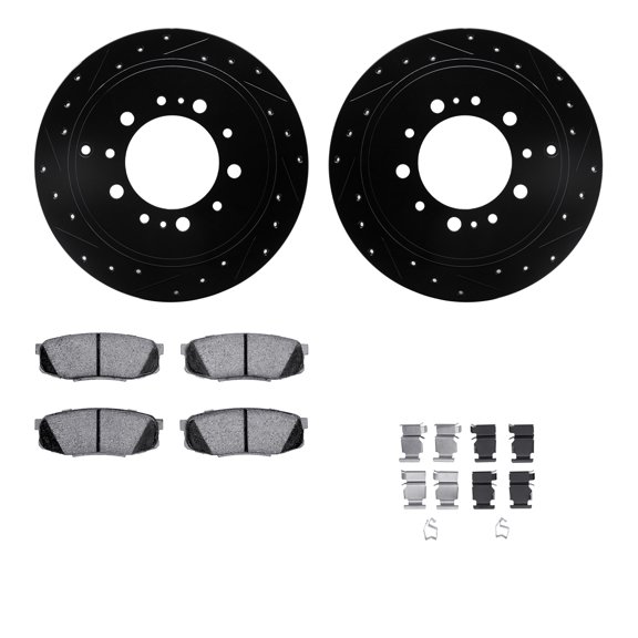 Dynamic Friction Company Rear Brake Rotors-Drilled and Slotted-Black with Ultimate Duty Performance Brake Pads includes Hardware 8412-76020