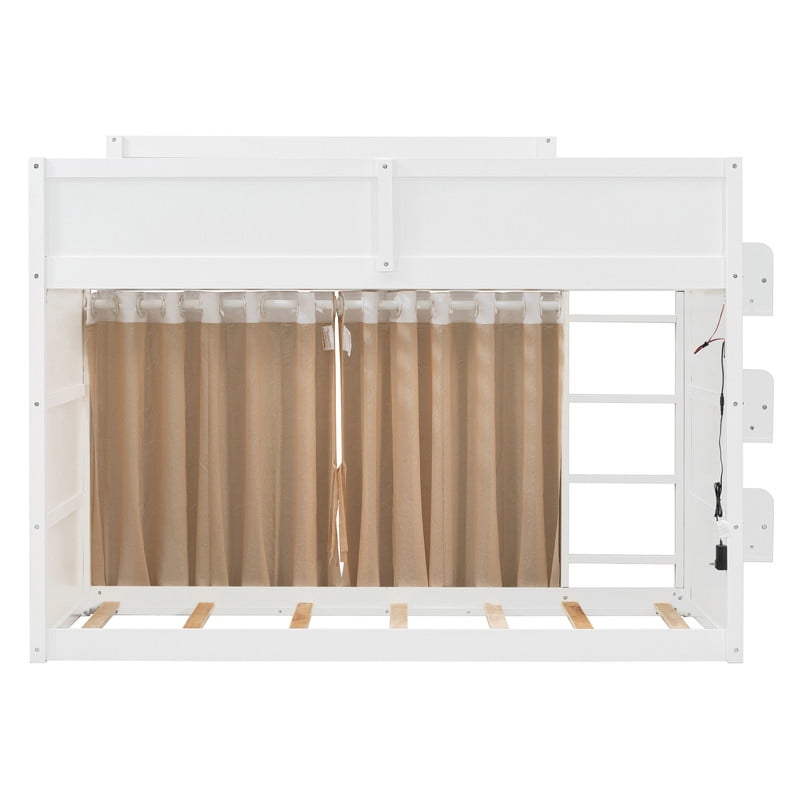 Twin-Over-Twin Bunk Bed with Bedside 3-Tier Storage Bookshelf, Teens/Kids Rattan Guardrail Bed Frame with Curtain & Light