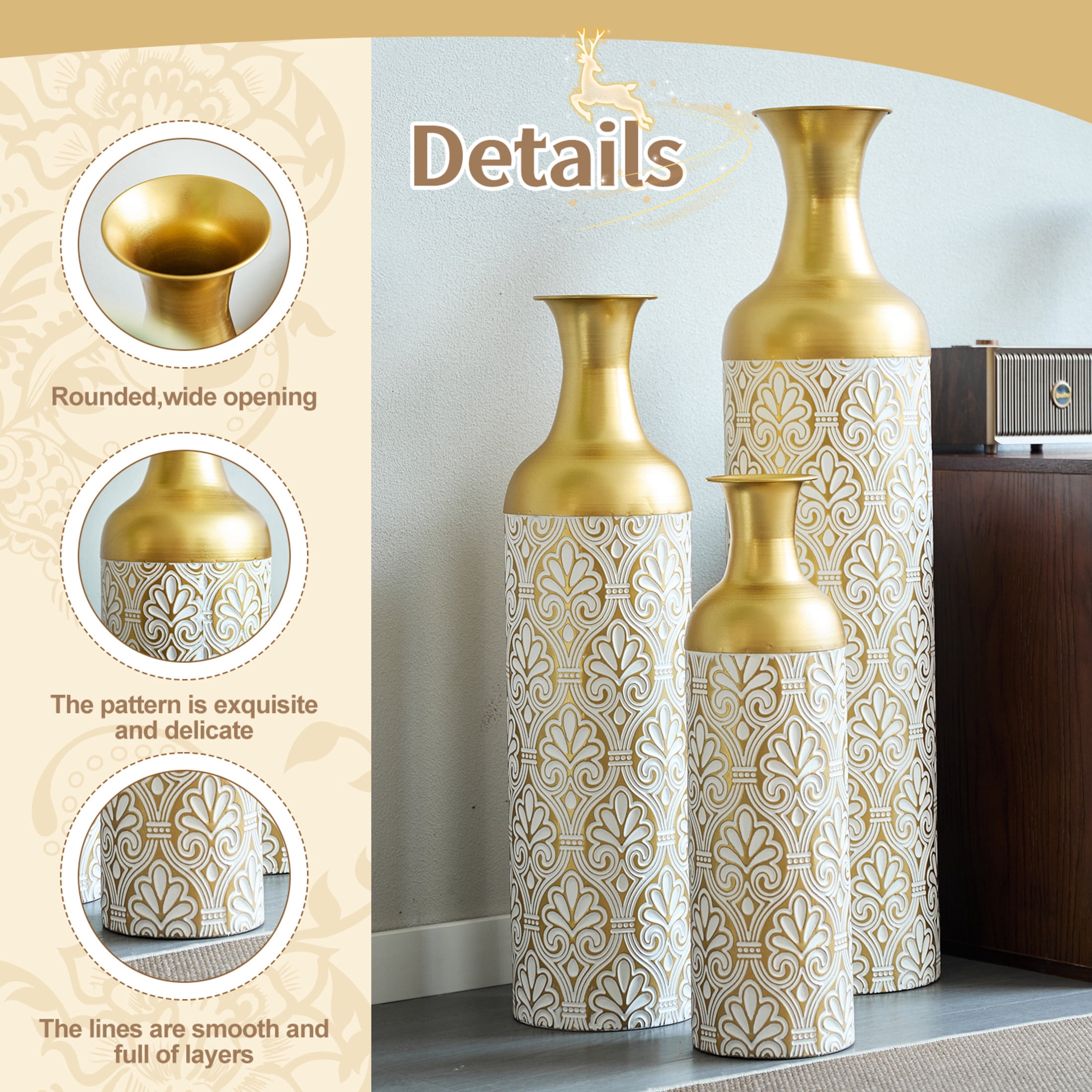Noble House 3-Piece Metal Vase Set, Tall Embossed Decorative Cylinder Vases, Gold + White