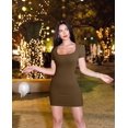 thumbnail image 3 of Women Ribbed Seamless Bodycon Mini Dress Square Neck Short Sleeve High Stretch Slim Fit Club Party Pencil Dress Coffee M, 3 of 6