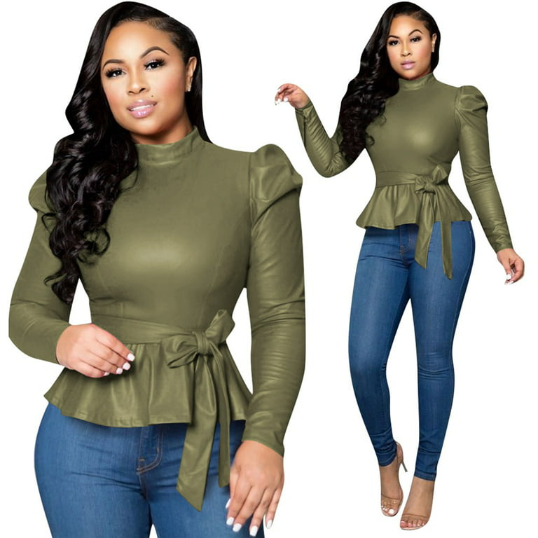 QIPOPIQ Clearance Womens Tops Plus Size Summer Bonded Leather Long Sleeve  Solid Pullover Frenulum Street Blouses Green M