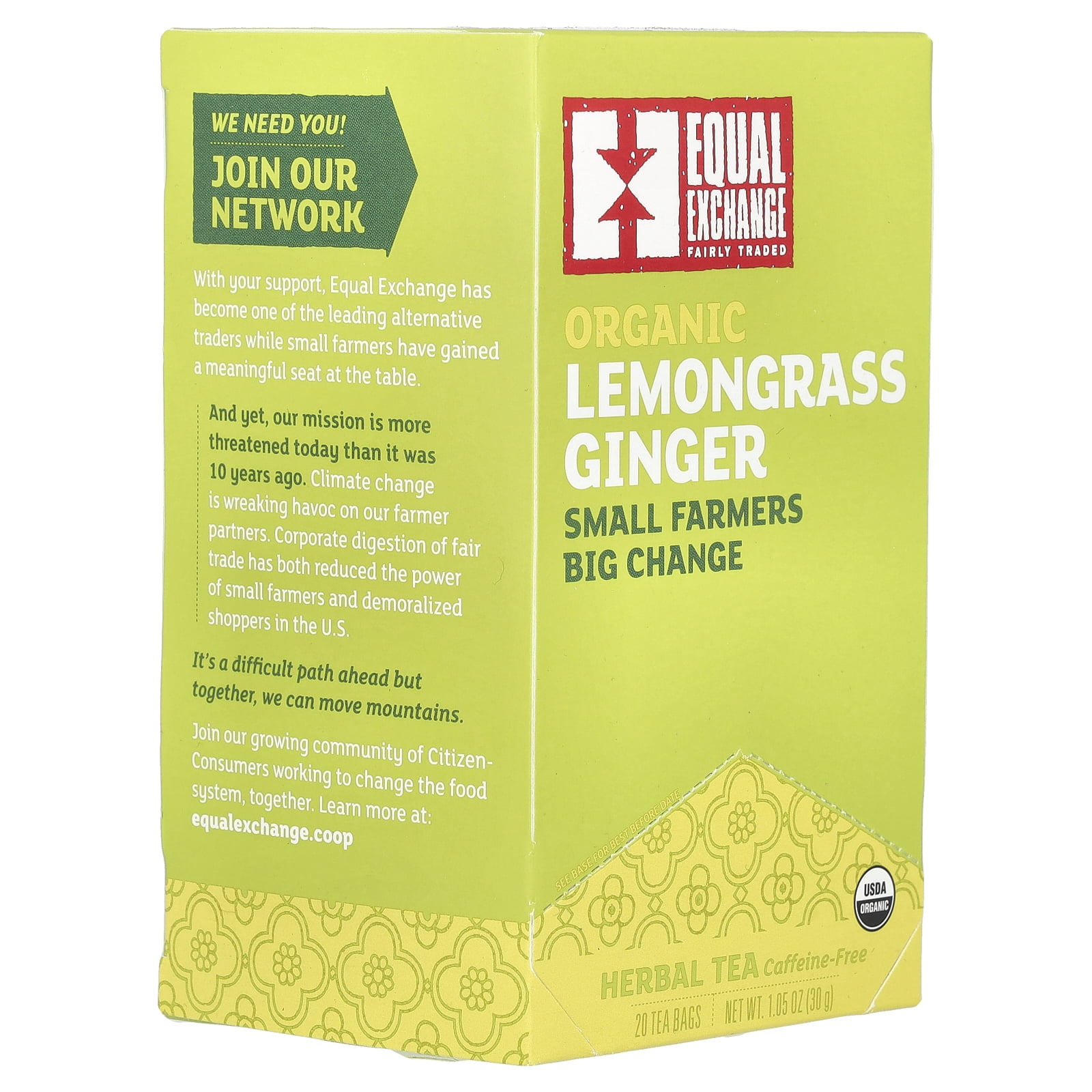 Equal Exchange Organic Lemongrass Ginger, Herbal Tea, Caffeine-Free, 20 Tea Bags, 1.05 oz (30 g)