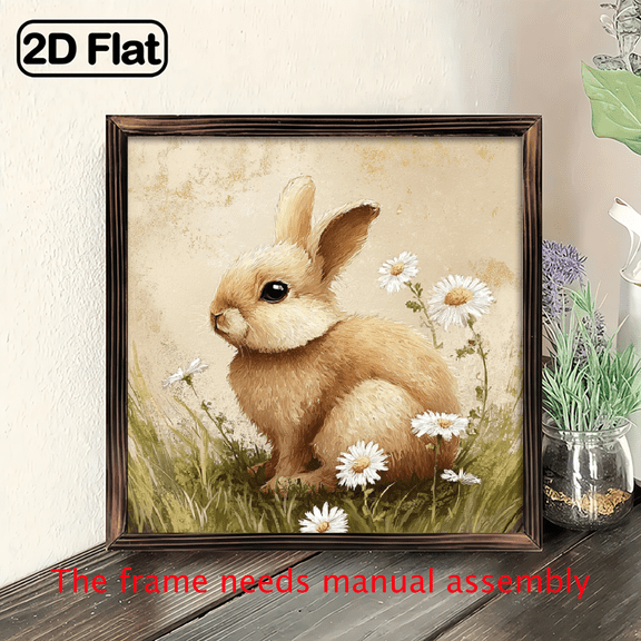 1pc Rustic Wooden Framed Bunny in Pastel Garden Wall Sign Cute Sitting with Daisies, Spring Meadow Decor Suitable for Easter, Wood Frame, Wall Hanging for, Room, Farmhouse Decor, 8x8 Inch