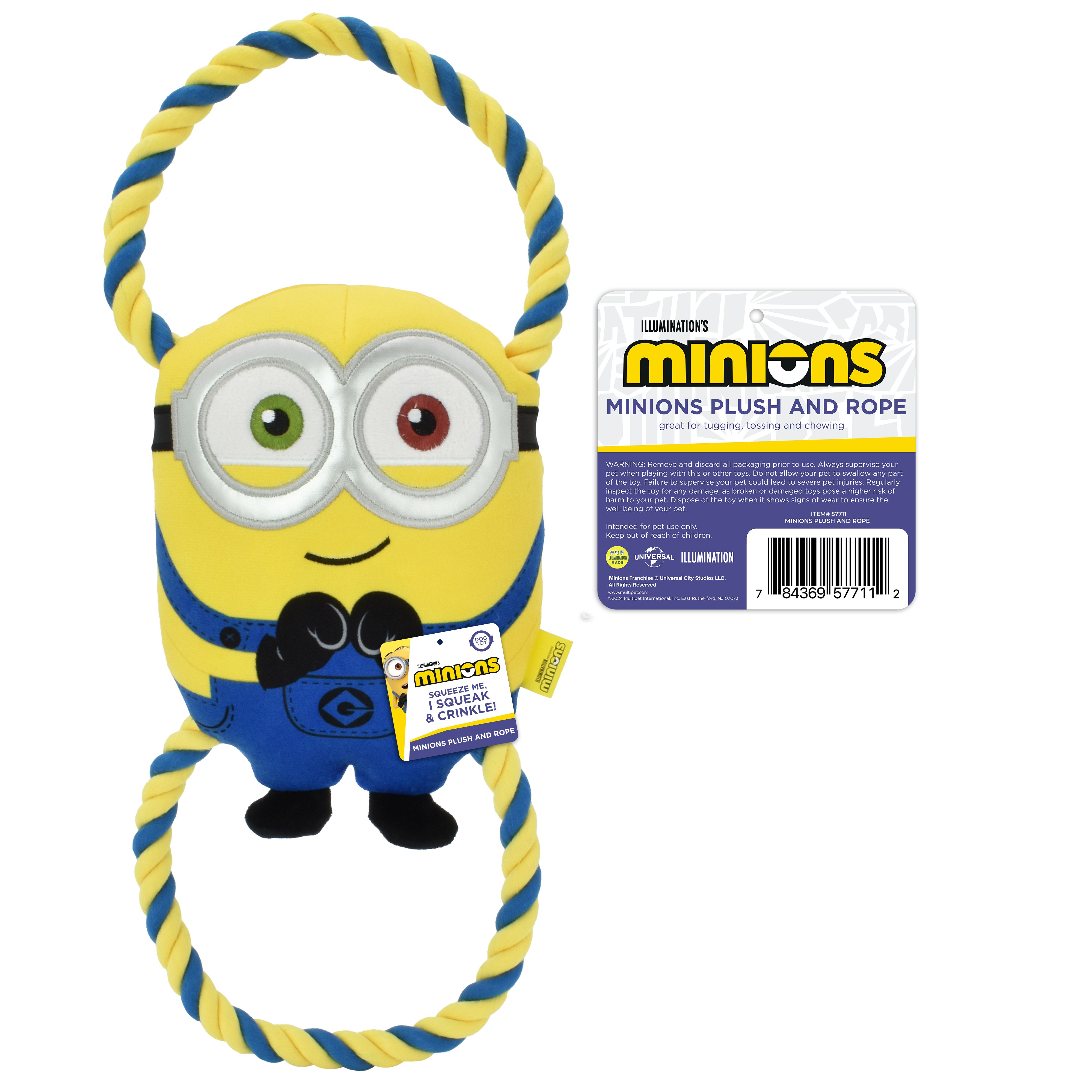 Multipet Minions Bob Plush and Rope Tug Dog Toy with Squeaker and Crinkle, Large
