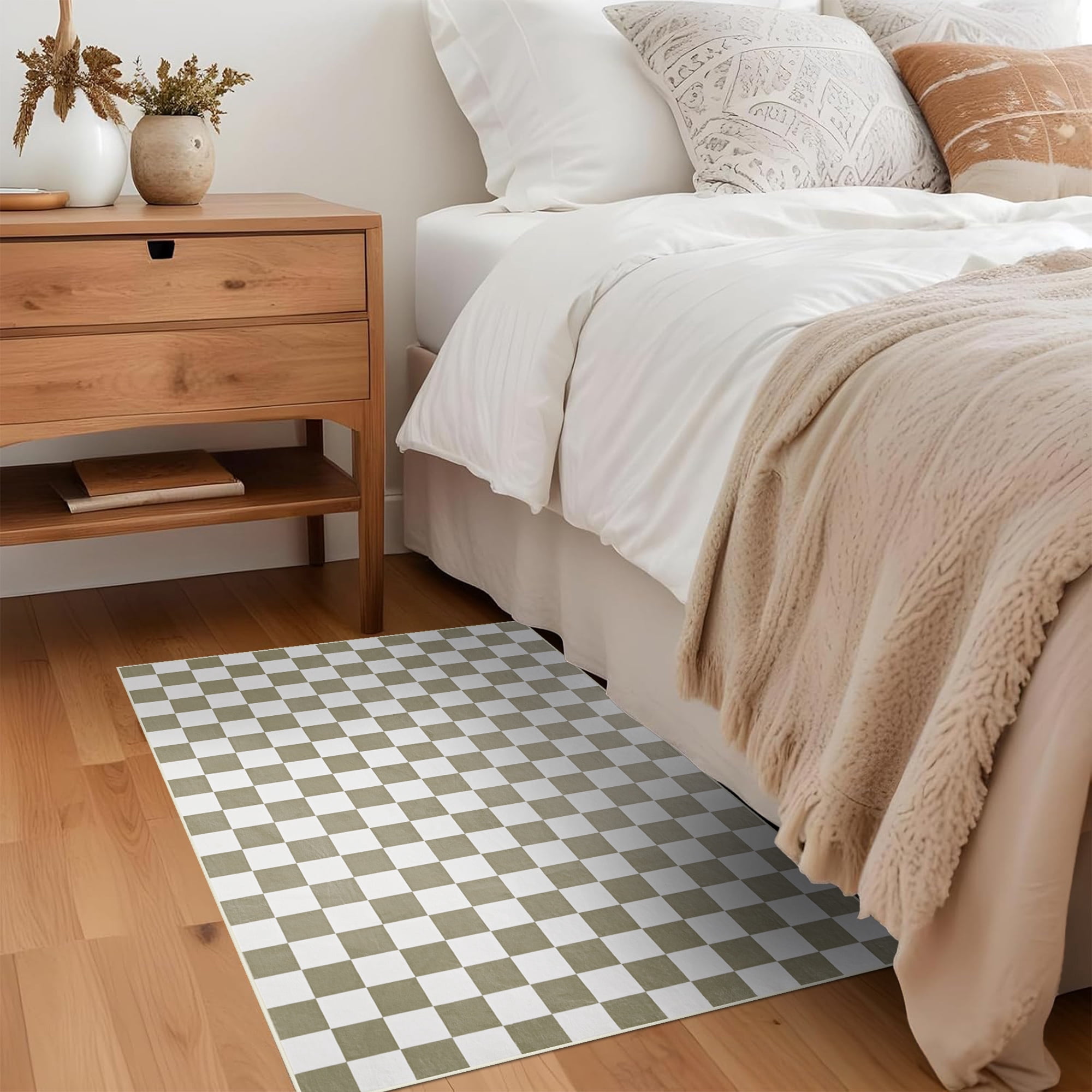Arogan Checkered Area Rug for Living Room Bedroom Washable Rug, Camel and White,2' x 3'