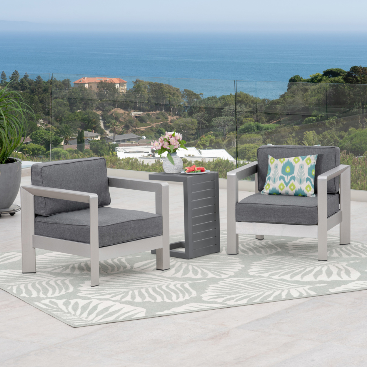 GDF Studio Alec Outdoor Aluminum and Wicker 3 Piece Chat Set with C Shaped Side Table, Silver and Khaki - image 2 of 10