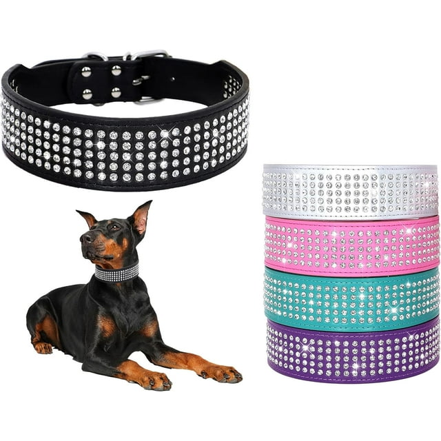 1Pack Rhinestones Dog Collars-2" Wide Crystal Diamonds Studded PU Leather 5 Rows Sparkly Crystal Studded Collar for Medium and Large Dog