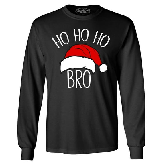 Shop4Ever Men's Ho Ho Ho Bro Santa Claus Hat Christmas Xmas Long Sleeve Shirt Large Black